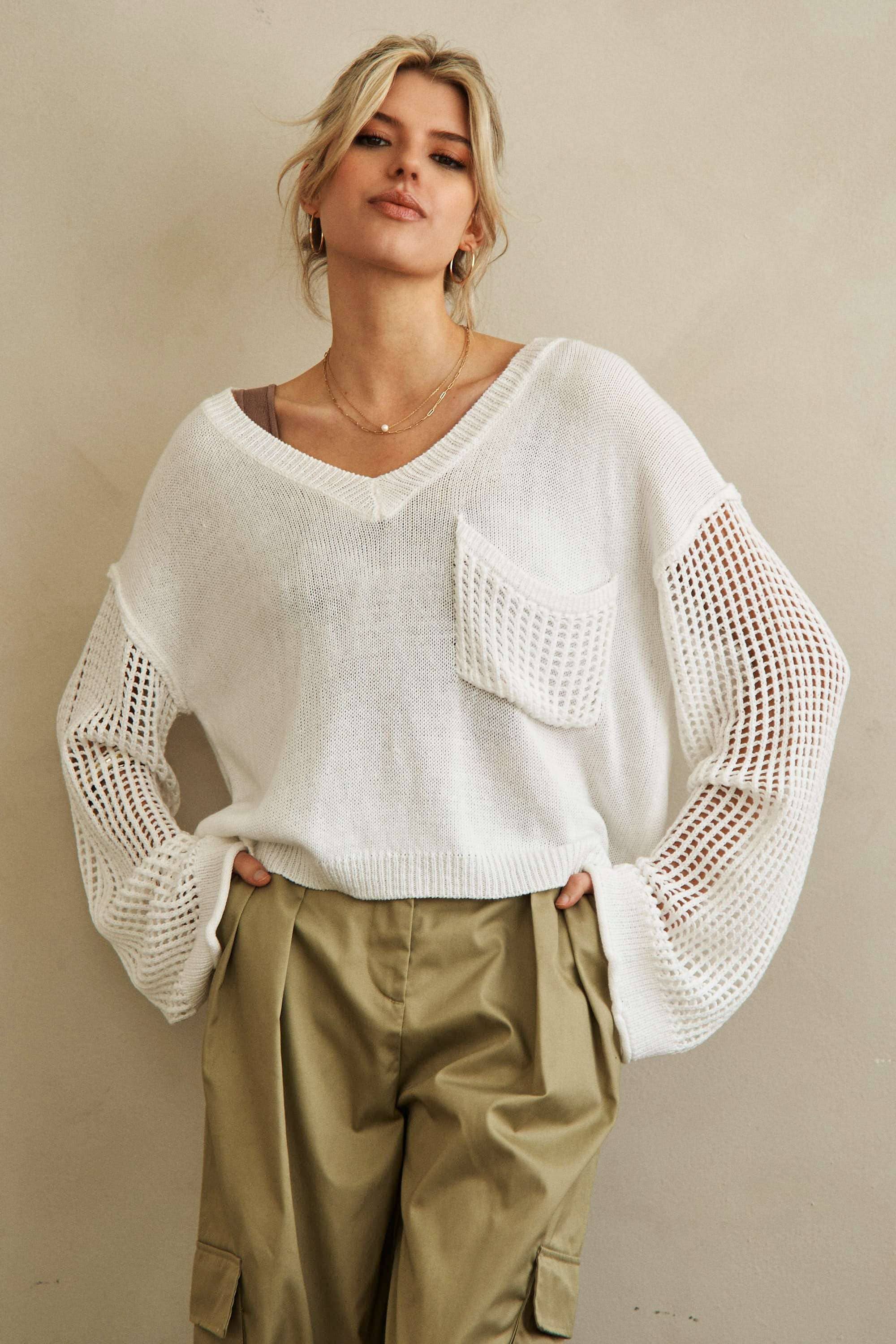 V Neck Sweater with Crochet Sleeves