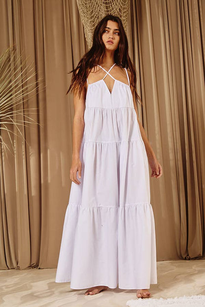 Strappy Tiered Poplin Maxi Dress