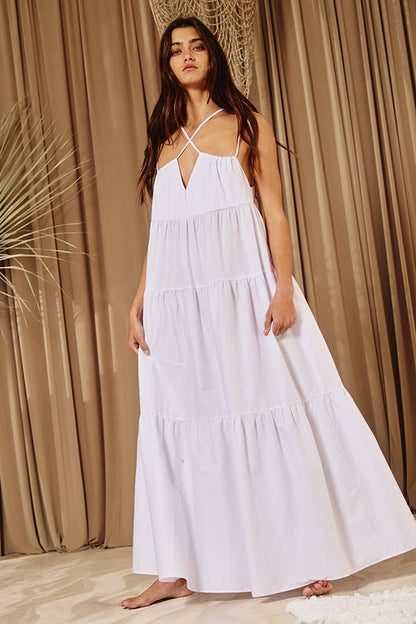 Strappy Tiered Poplin Maxi Dress