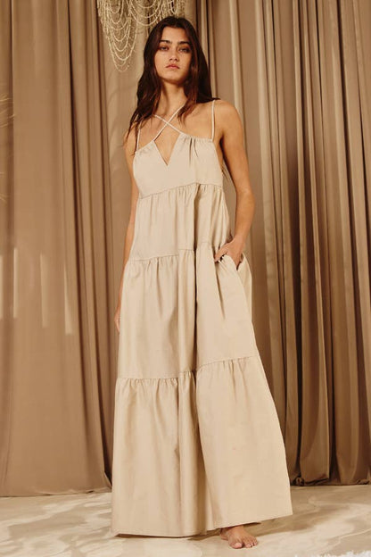 Strappy Tiered Poplin Maxi Dress