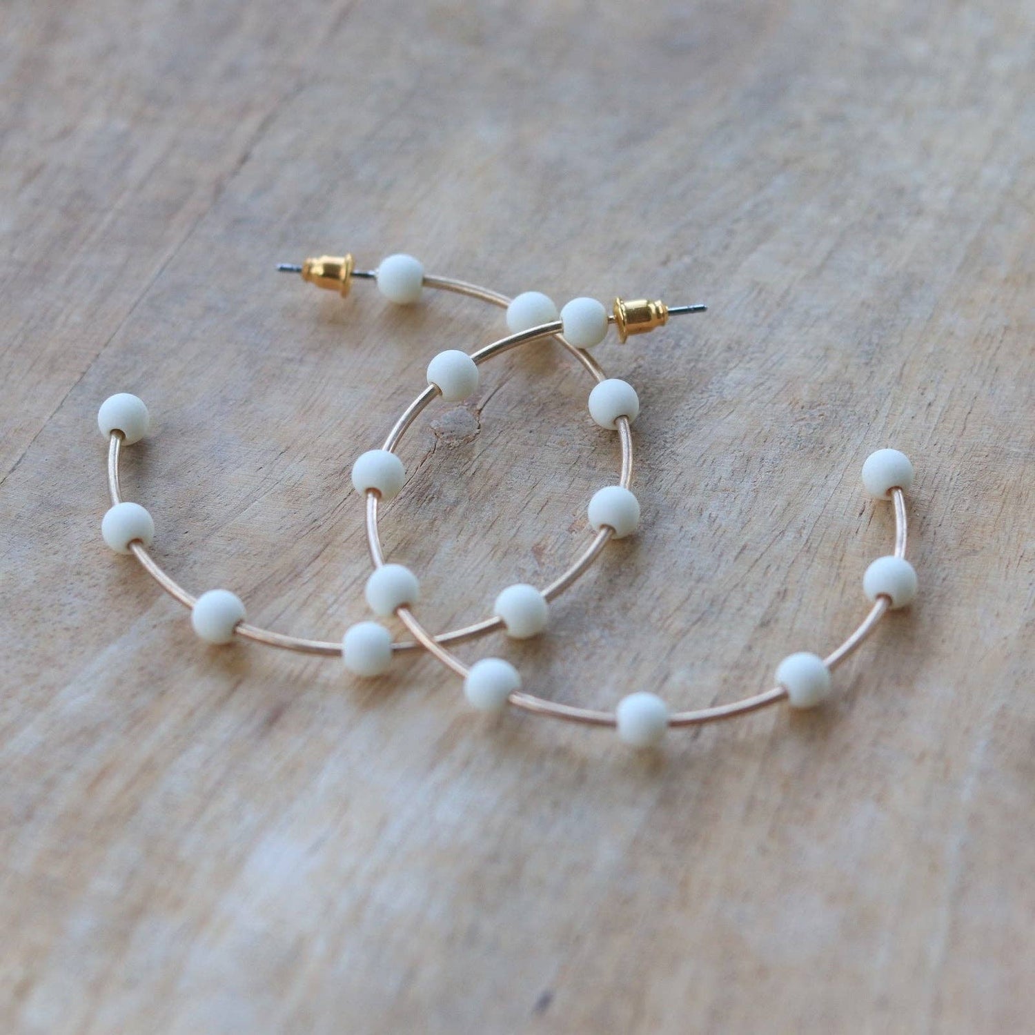 Cream &amp; Gold Bead Hoop Earrings