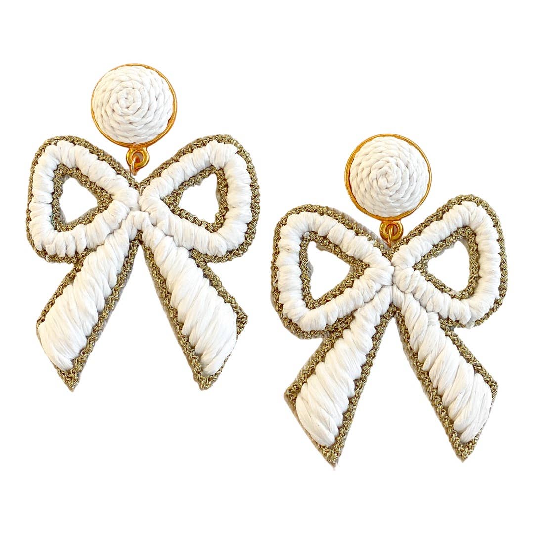 White Bow Raffia Earrings