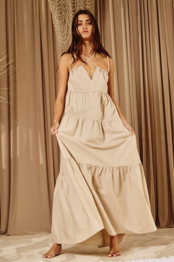 Strappy Tiered Poplin Maxi Dress