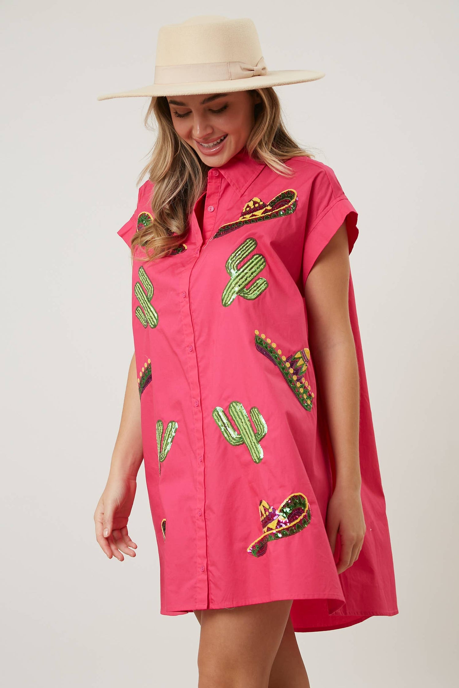 Cactus &amp; Sombrero Embroidery Shirt Dress
