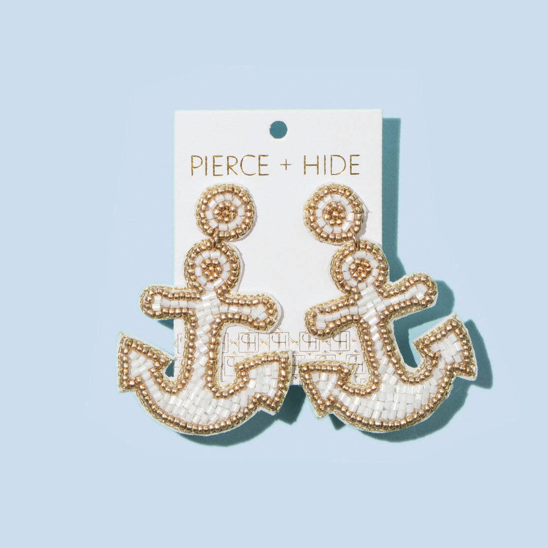 Custom Beaded White Anchor Earrings