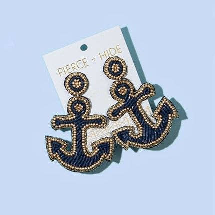 Custom Beaded Navy Anchor Earrings