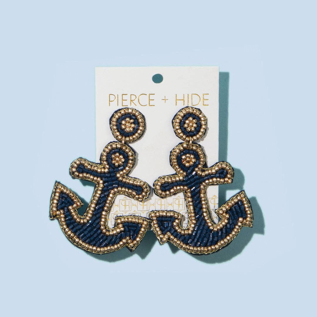Custom Beaded Navy Anchor Earrings