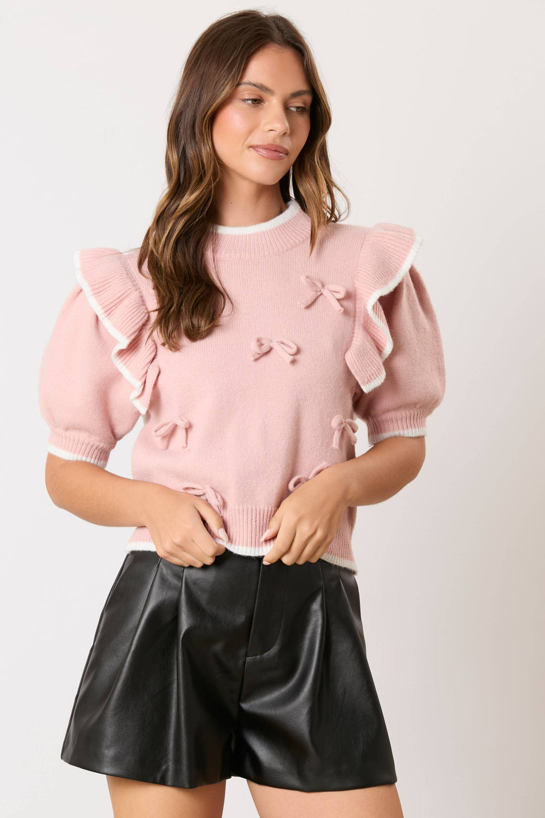 Ribbon Detail Ruffle Puff Sleeve Sweater