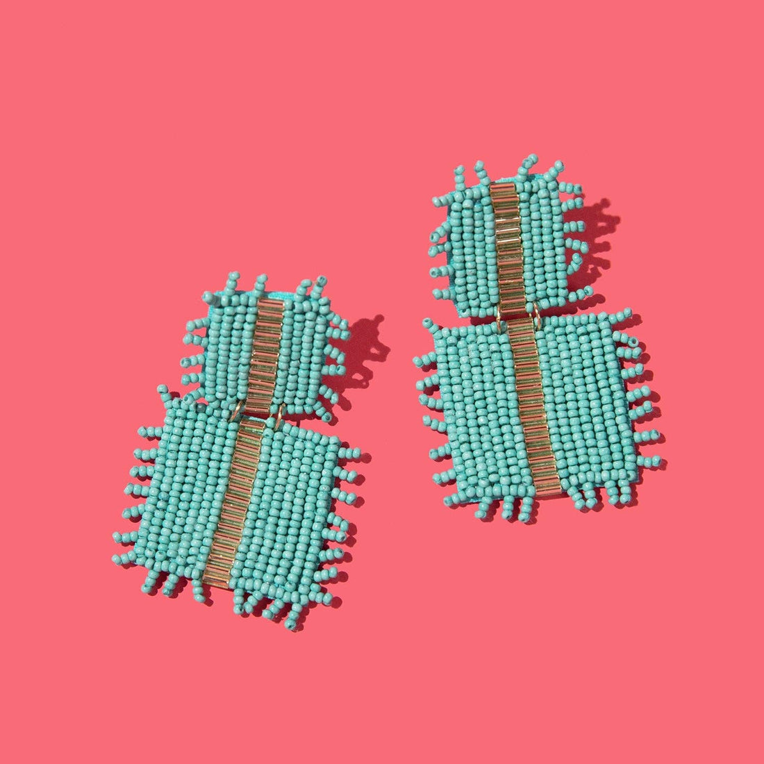 Custom Beaded Square Fringe Drop Earrings: Aqua