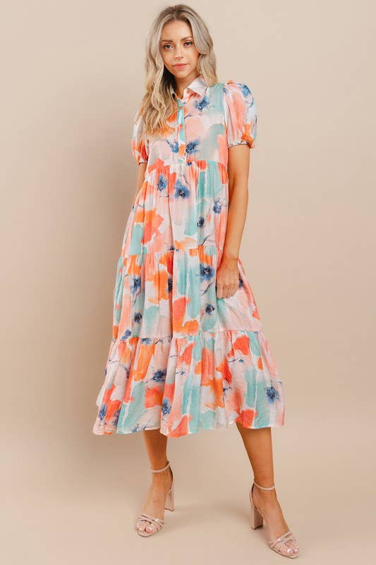 Watercolor Tiered Midi Dress