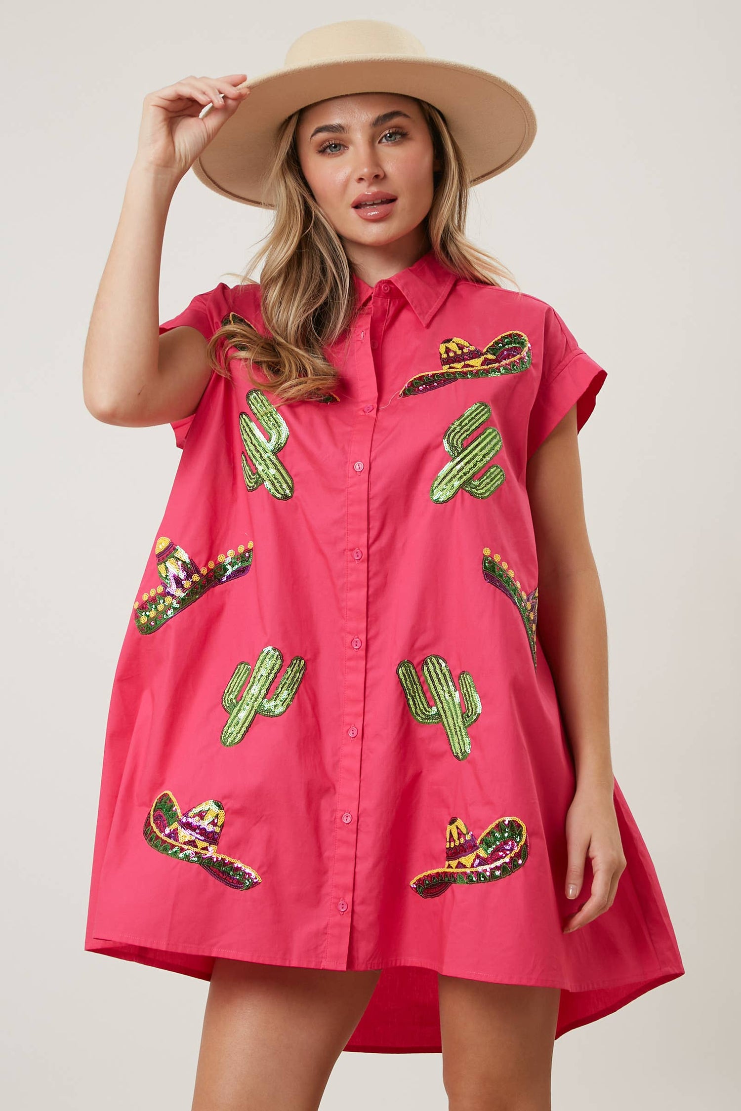 Cactus &amp; Sombrero Embroidery Shirt Dress