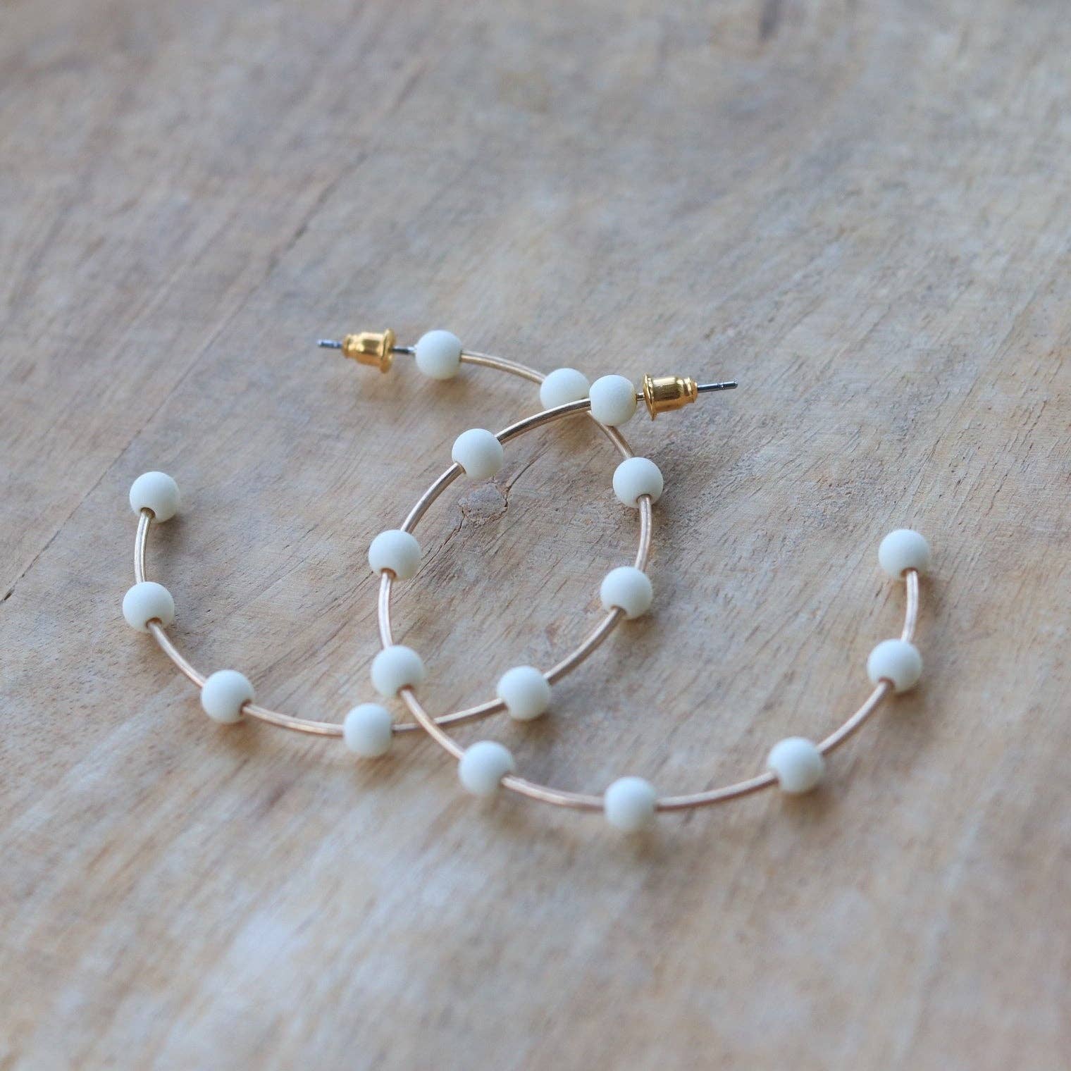 Cream &amp; Gold Bead Hoop Earrings